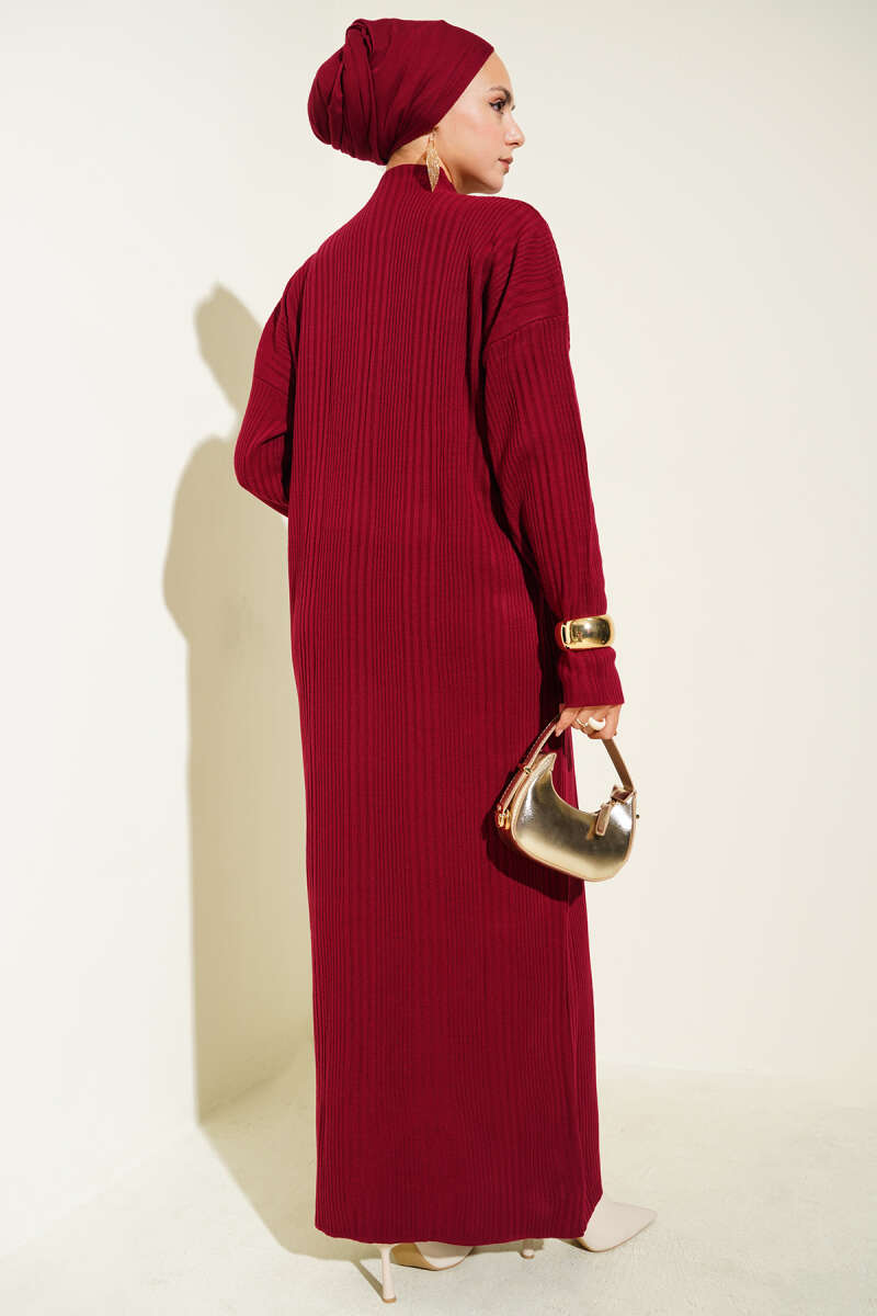 High Neck Ribbed Knit Dress Burgundy – Image 3