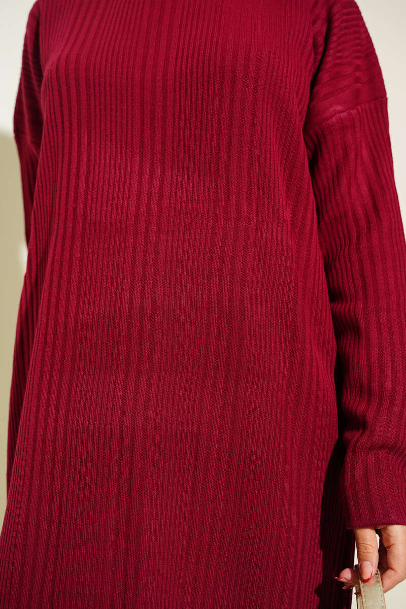 High Neck Ribbed Knit Dress Burgundy – Image 4