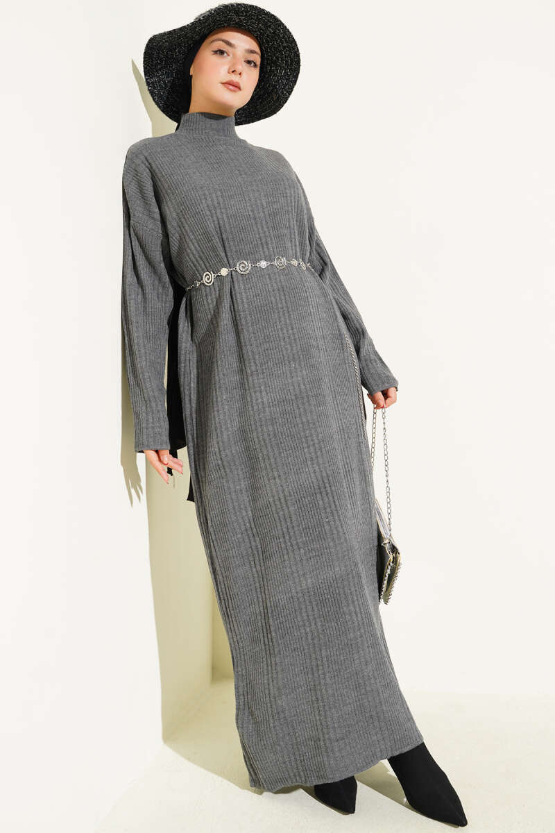 High Neck Ribbed Knit Dress Smoke – Image 2