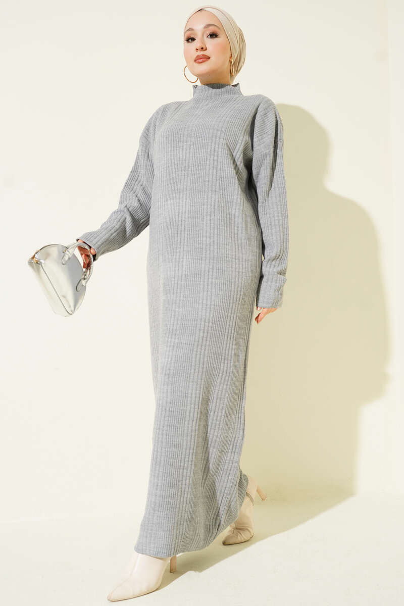 High Neck Ribbed Knit Dress Grey