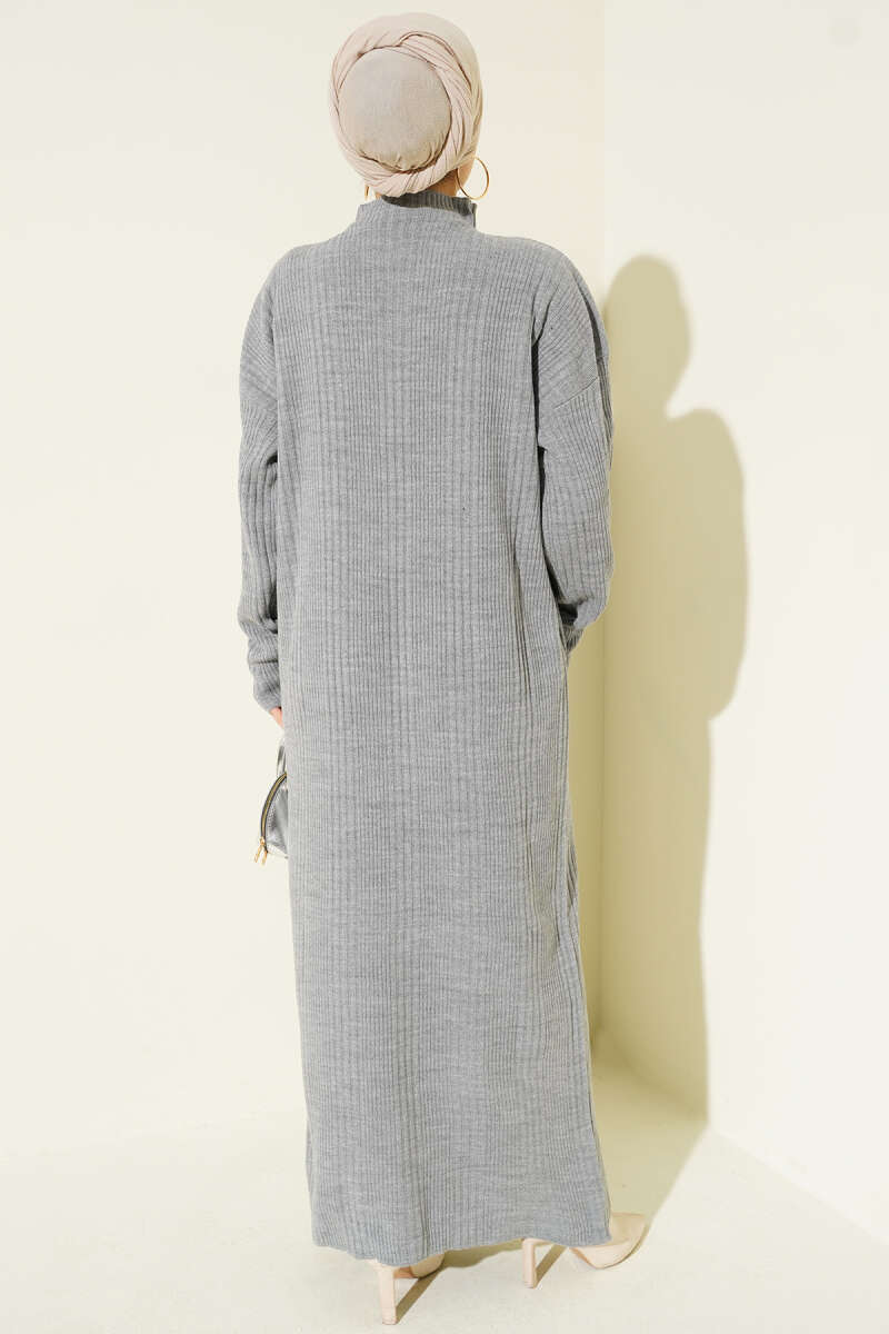 High Neck Ribbed Knit Dress Grey - الصورة 3