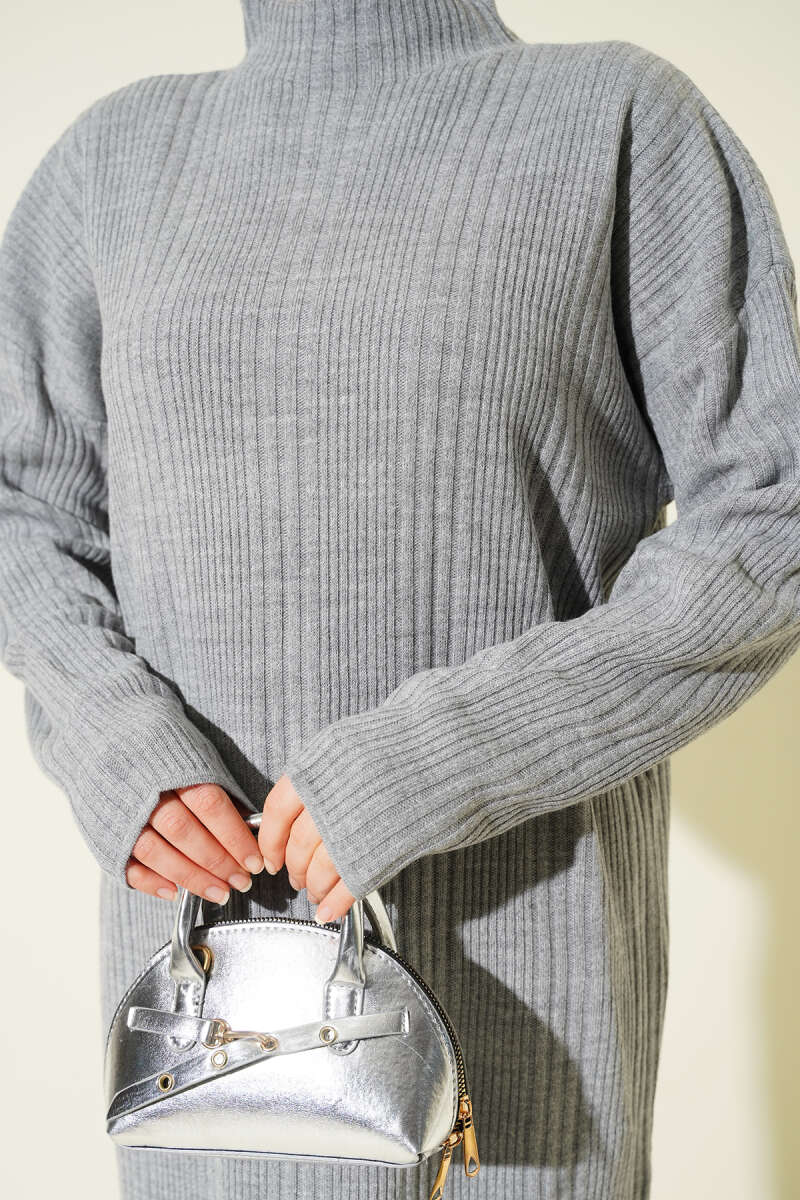 High Neck Ribbed Knit Dress Grey - الصورة 4