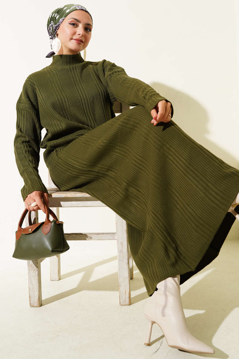 High Neck Ribbed Knit Dress Khaki