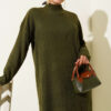 High Neck Ribbed Knit Dress Khaki – Image 2