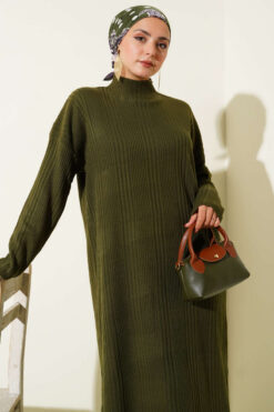 Alternative view of High Neck Ribbed Knit Dress Khaki
