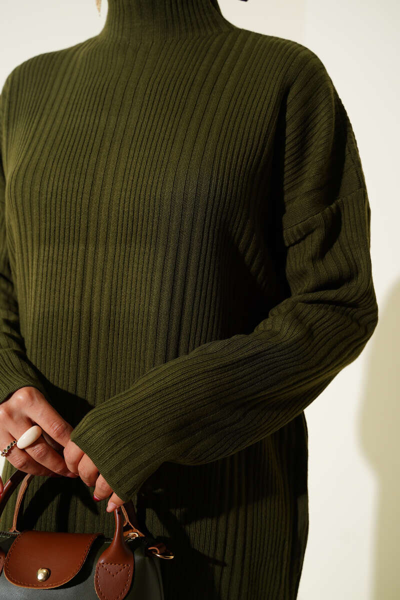 High Neck Ribbed Knit Dress Khaki – Image 4