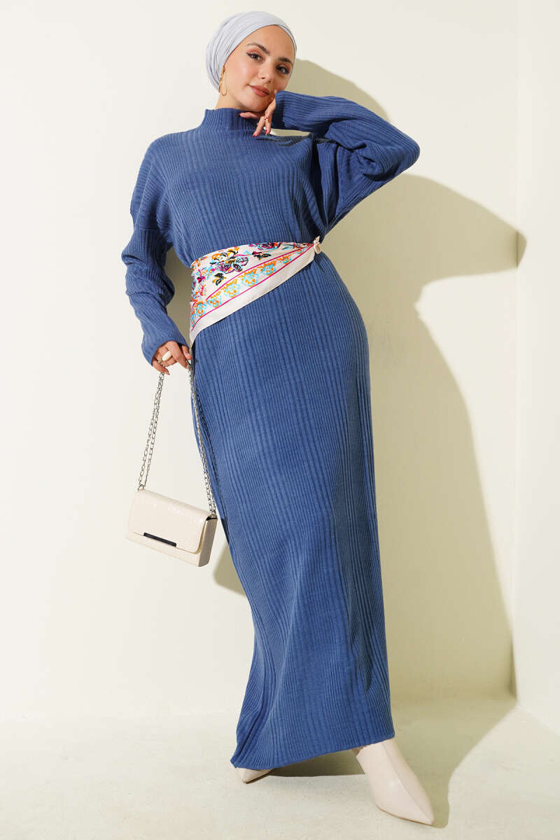 High Neck Ribbed Knit Dress Indigo