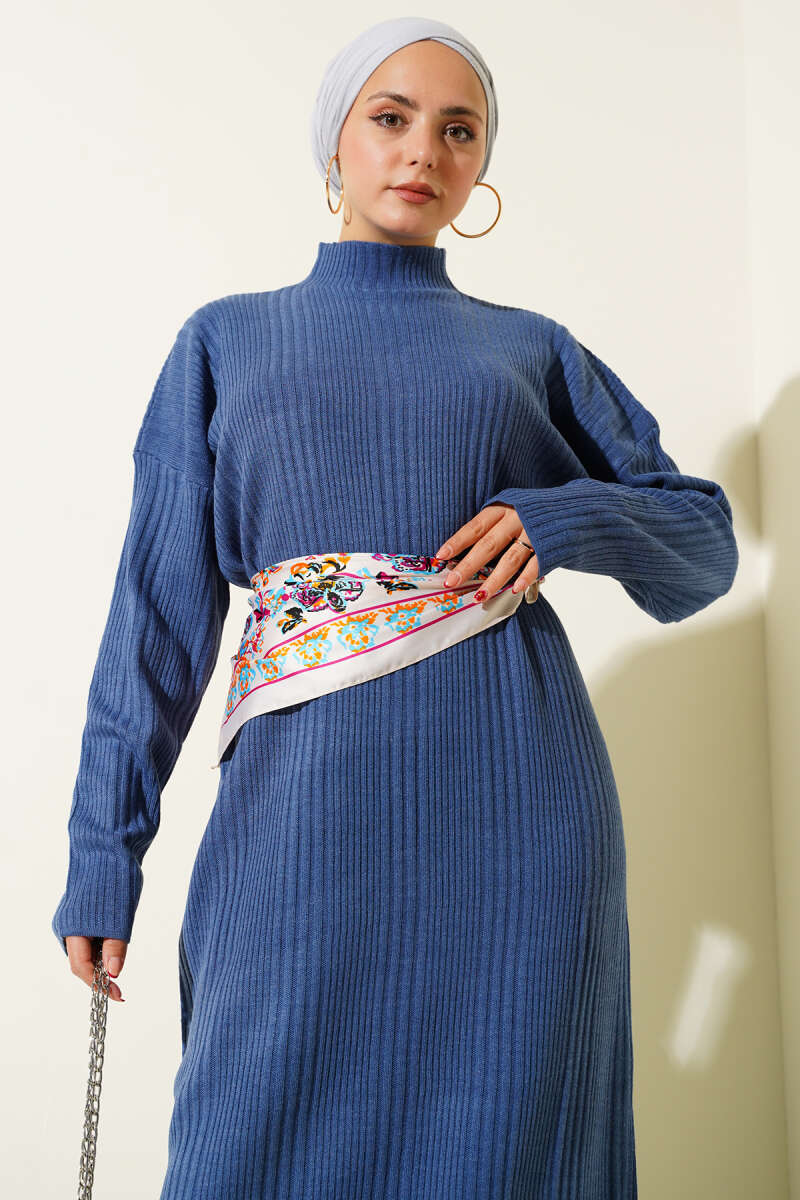 High Neck Ribbed Knit Dress Indigo – Image 2