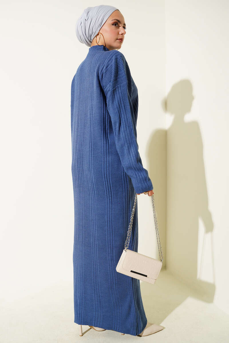 High Neck Ribbed Knit Dress Indigo – Image 3
