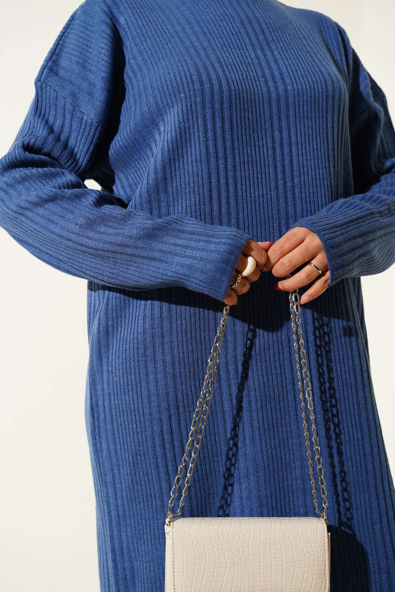 High Neck Ribbed Knit Dress Indigo – Image 4