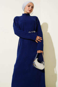 Alternative view of High Neck Ribbed Knit Dress Navy Blue