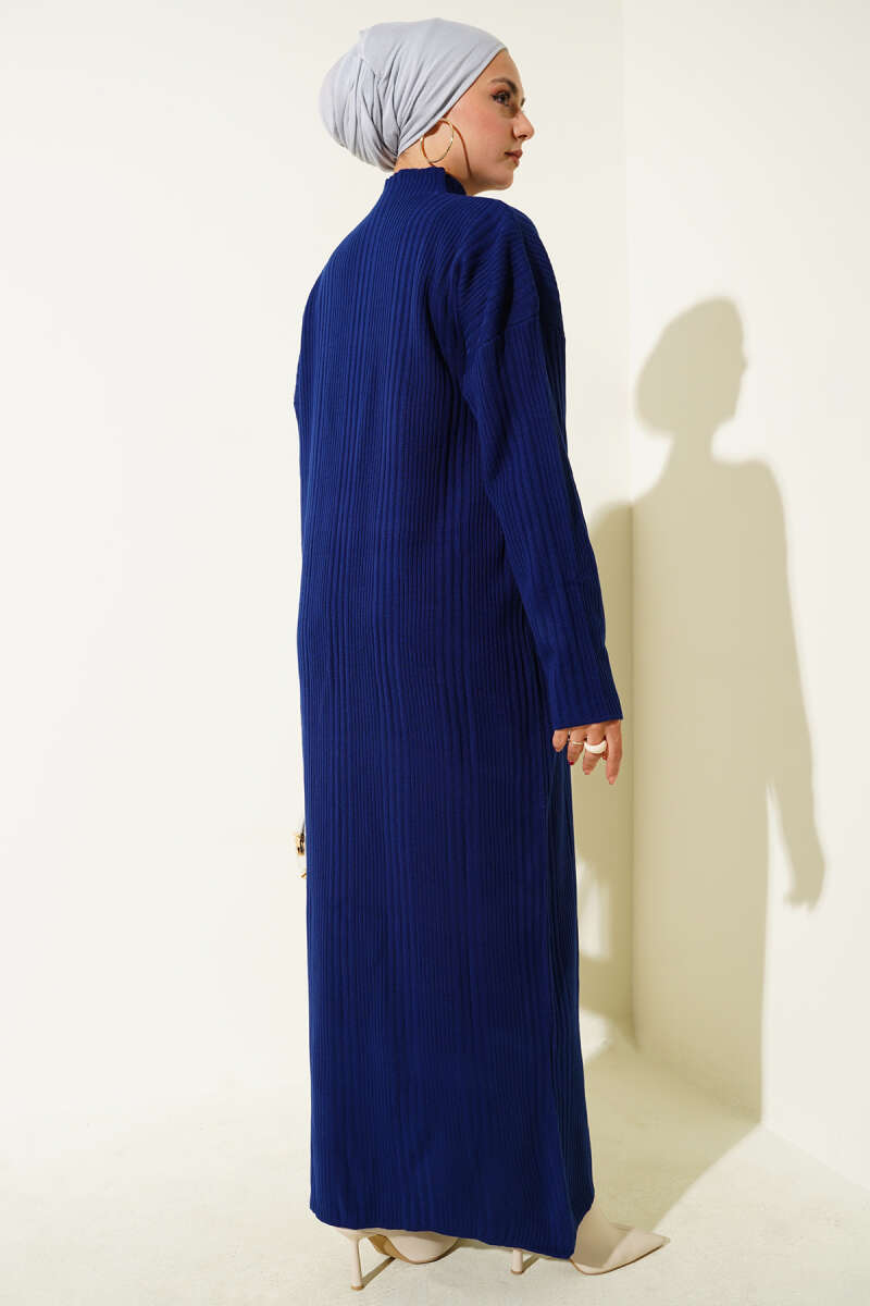 High Neck Ribbed Knit Dress Navy Blue – Image 3