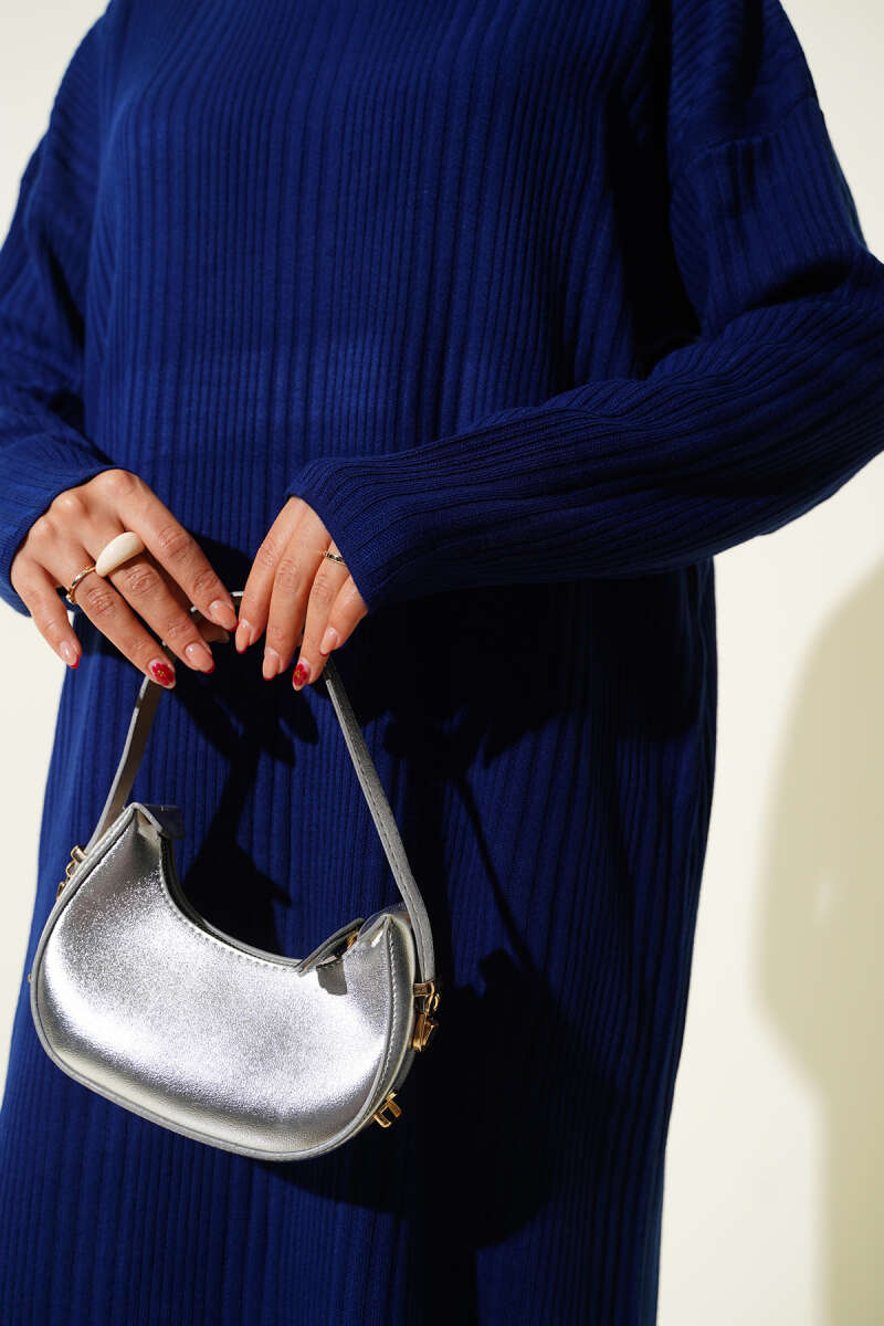 High Neck Ribbed Knit Dress Navy Blue – Image 4