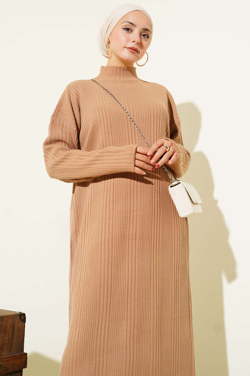 High Neck Ribbed Knit Dress Latte - الصورة 2