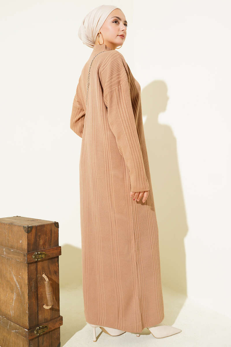 High Neck Ribbed Knit Dress Latte - الصورة 3