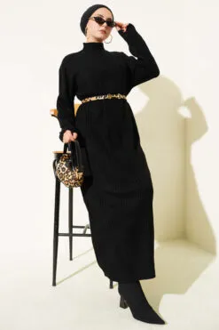 High Neck Ribbed Knit Dress Black