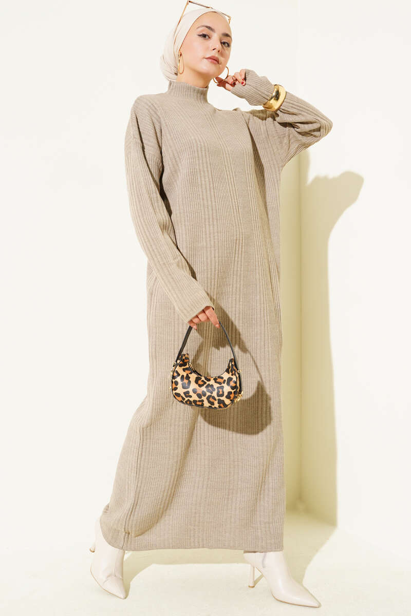 High Neck Ribbed Knit Dress Mink