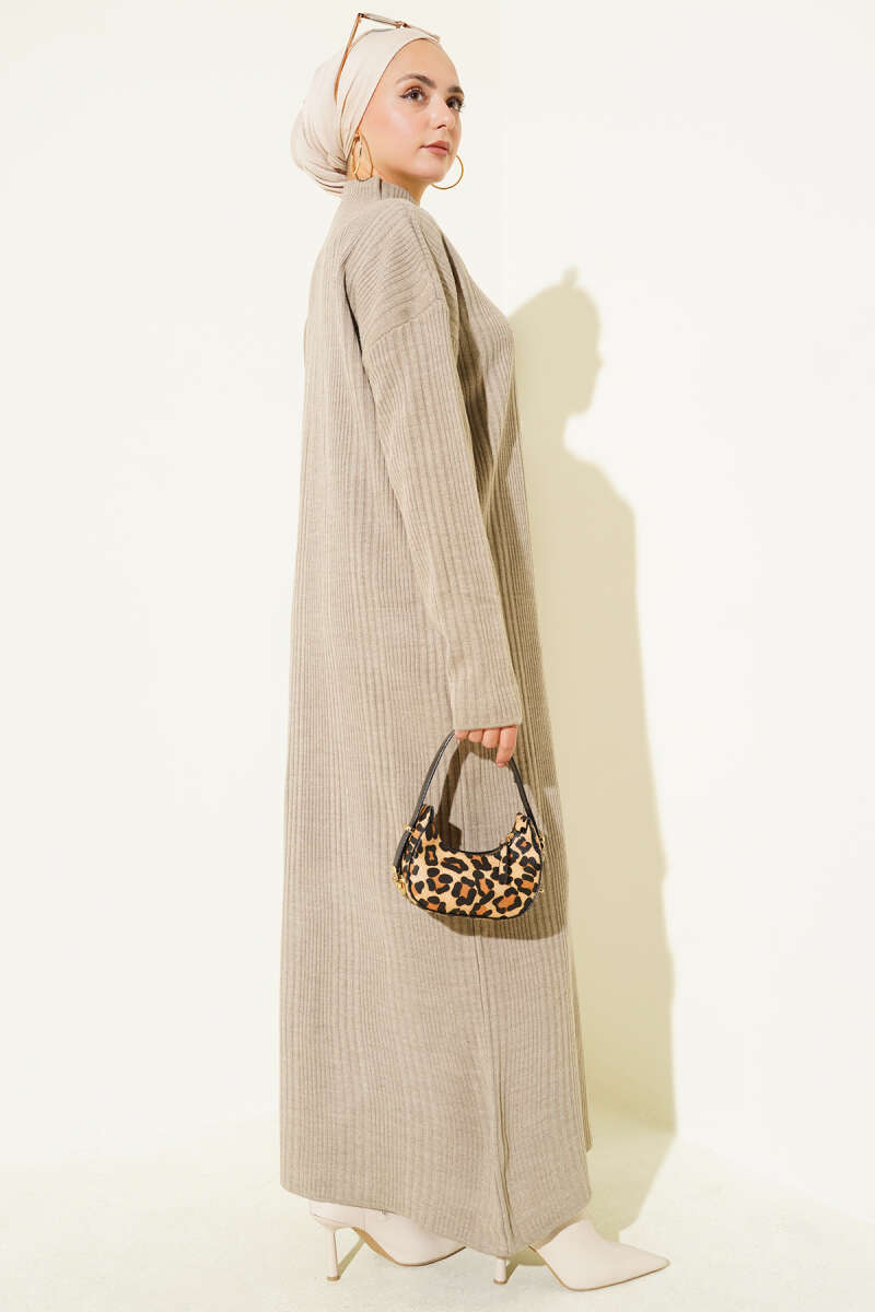High Neck Ribbed Knit Dress Mink – Image 3