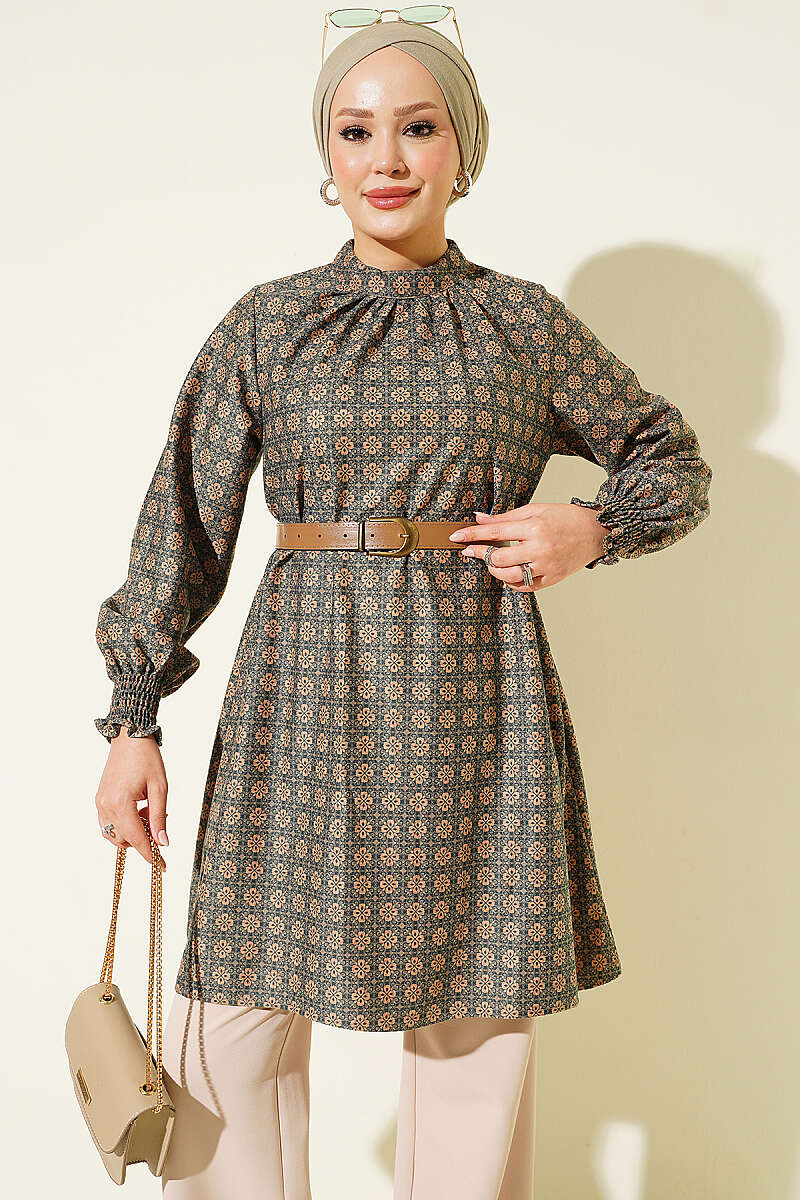 Collared Clover Patterned Tunic Green