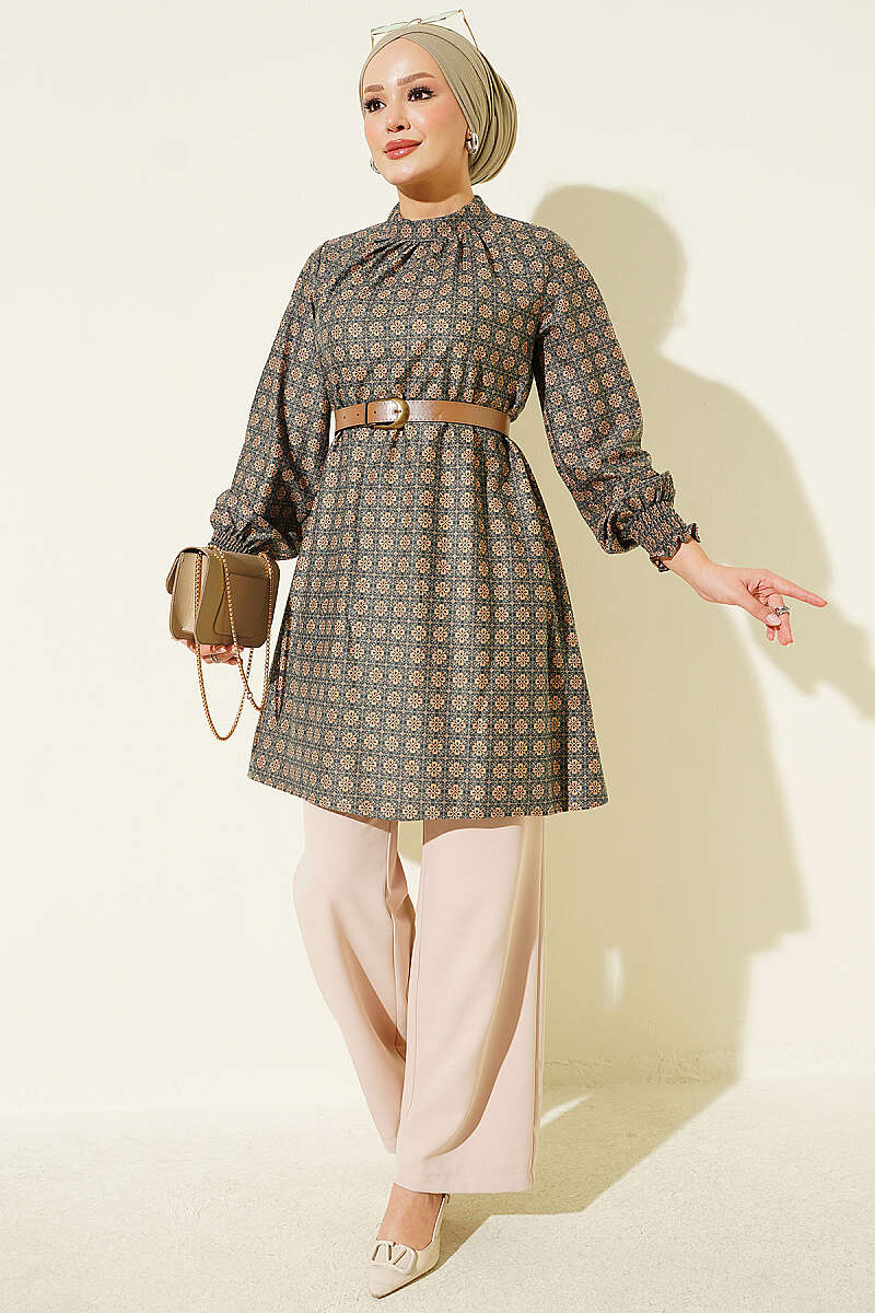 Collared Clover Patterned Tunic Green – Image 2