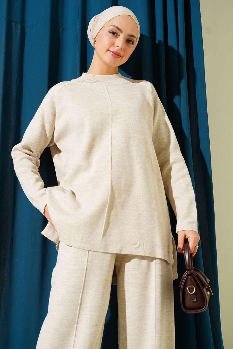 Stitch Detail Basic Knit Two-Piece Set Beige - immagine 2