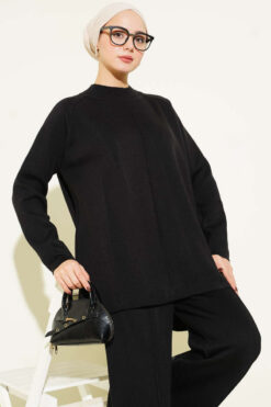 Alternative view of Stitch Detail Basic Knit Two-Piece Set Black