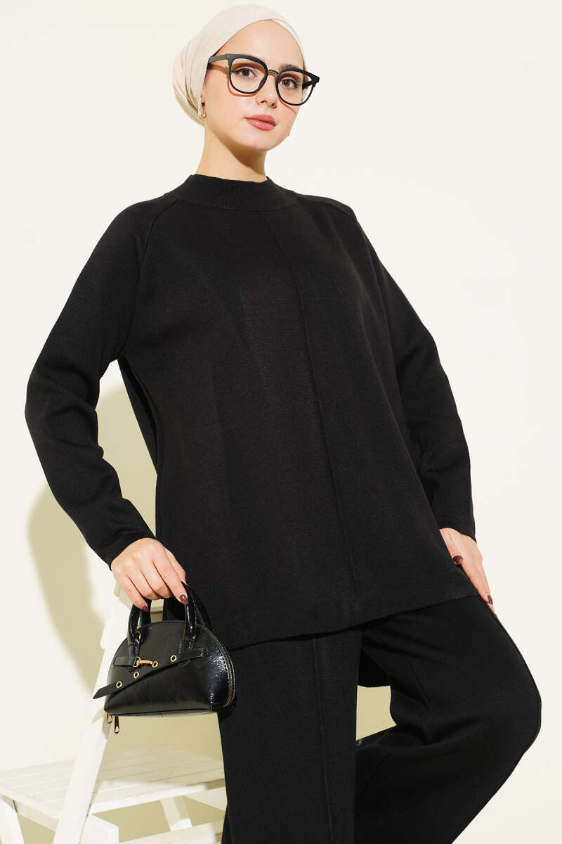 Stitch Detail Basic Knit Two-Piece Set Black – Image 2