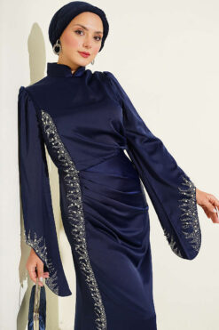 Alternative view of Draped Stone-Embellished Satin Evening Gown Navy Blue