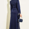 Draped Stone-Embellished Satin Evening Gown Navy Blue - الصورة 3