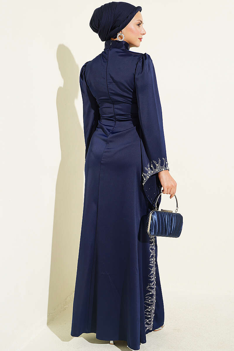 Draped Stone-Embellished Satin Evening Gown Navy Blue - الصورة 3