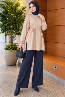 Alternative view of Long-sleeve crew neck tunic with ribbed trim Beige