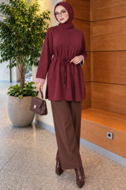 Alternative view of Long-sleeve crew neck tunic with ribbed trim Burgundy