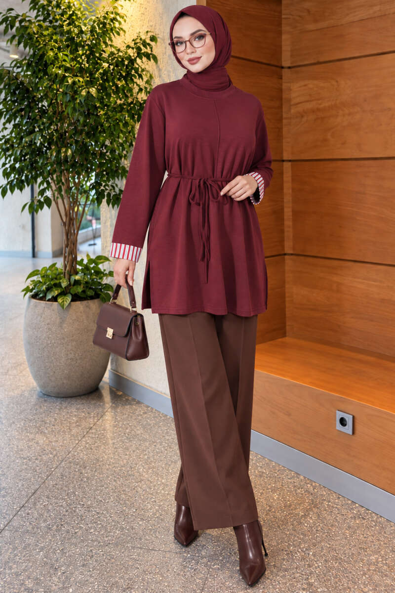 Long-sleeve crew neck tunic with ribbed trim Burgundy - Afbeelding 2
