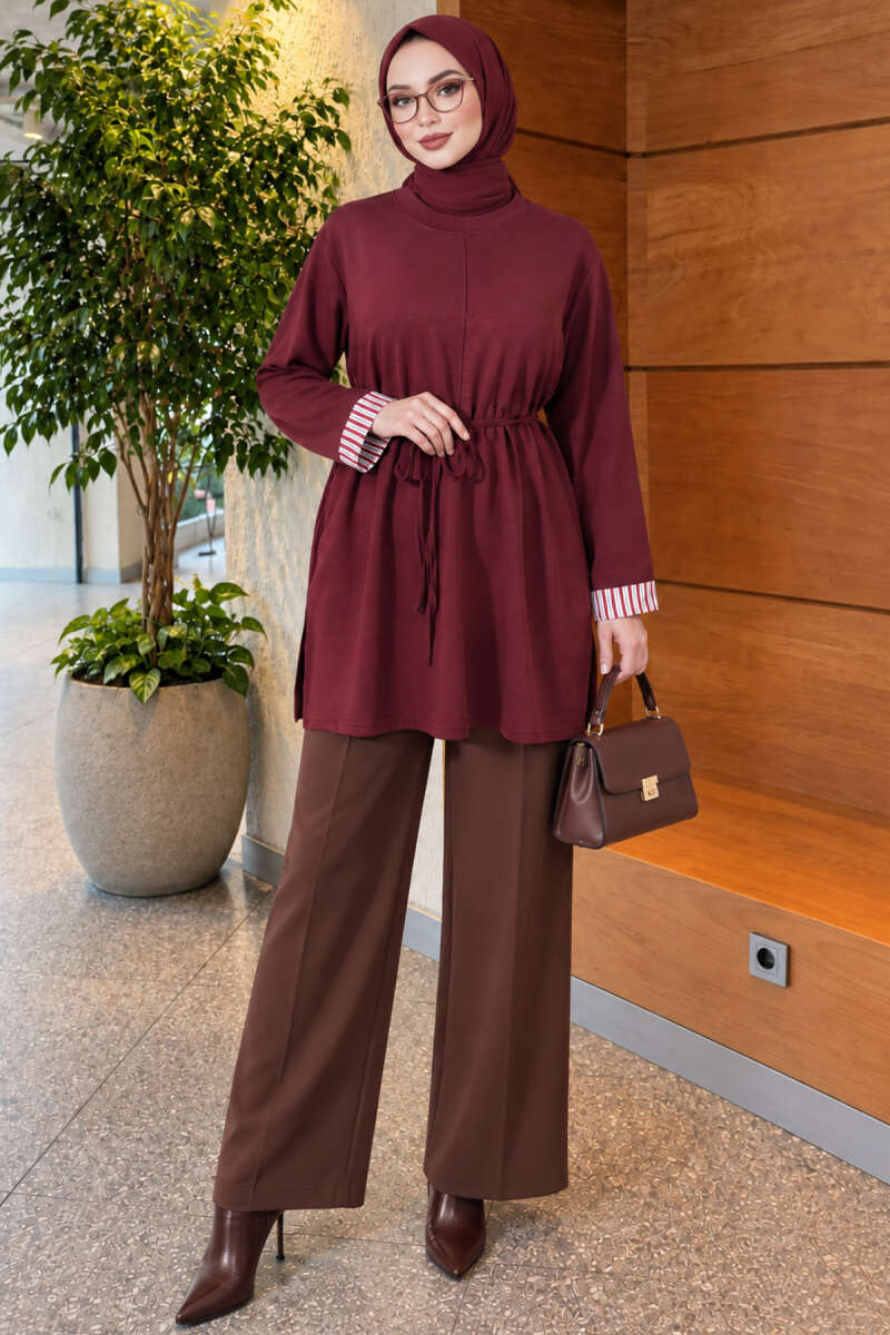 Long-sleeve crew neck tunic with ribbed trim Burgundy - Afbeelding 3