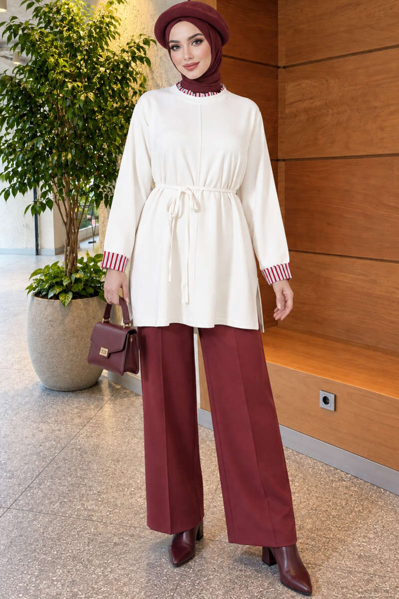Long-sleeve crew neck tunic with ribbed trim Ecru – Bild 3