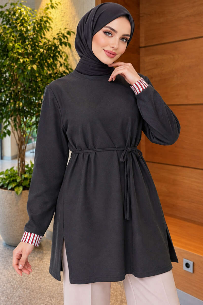 Long-sleeve crew neck tunic with ribbed trim Smoke