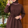 Long-sleeve crew neck tunic with ribbed trim Brown