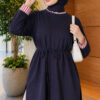 ⁦Long-sleeve crew neck tunic with ribbed trim Navy Blue⁩ - الصورة ⁦3⁩