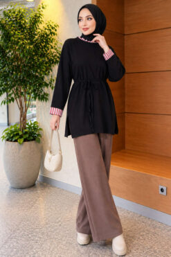Alternative view of Long-sleeve crew neck tunic with ribbed trim Black