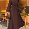Long-Sleeve French Terry Dress with Waist Tie Brown