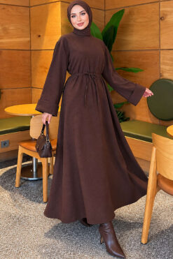 Long-Sleeve French Terry Dress with Waist Tie Brown