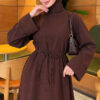 ⁦Long-Sleeve French Terry Dress with Waist Tie Brown⁩ - الصورة ⁦2⁩