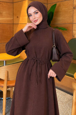 Alternative view of Long-Sleeve French Terry Dress with Waist Tie Brown