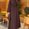 ⁦Long-Sleeve French Terry Dress with Waist Tie Brown⁩ - الصورة ⁦3⁩