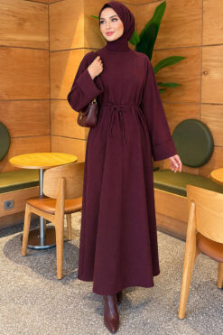 Long-Sleeve French Terry Dress with Waist Tie Plum