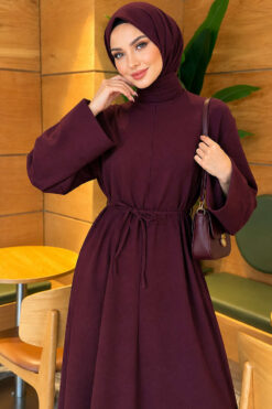 Alternative view of Long-Sleeve French Terry Dress with Waist Tie Plum