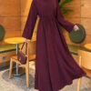 Long-Sleeve French Terry Dress with Waist Tie Plum - Imagen 3