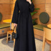 Long-Sleeve French Terry Dress with Waist Tie Black