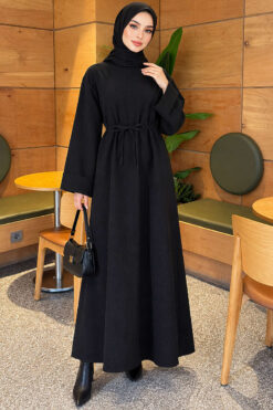 Long-Sleeve French Terry Dress with Waist Tie Black