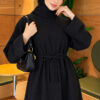 Long-Sleeve French Terry Dress with Waist Tie Black - immagine 2